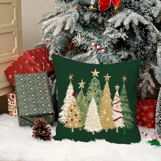 AACORS Christmas Pillow Cover 20X20 Inch Watercolor Christmas Tree Stars Decoration Holiday Farmhouse Winter Pillow Case for Sofa Couch Decor（Green） AA366-20