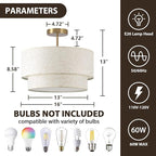 16" Drum Light, 3-Light Flush Mount Ceiling Light with 2-Tier Linen Fabric Shade, Gold Drum Light Fixture for Dining Room, Entryway, Bedroom, Kitchen, Hallway