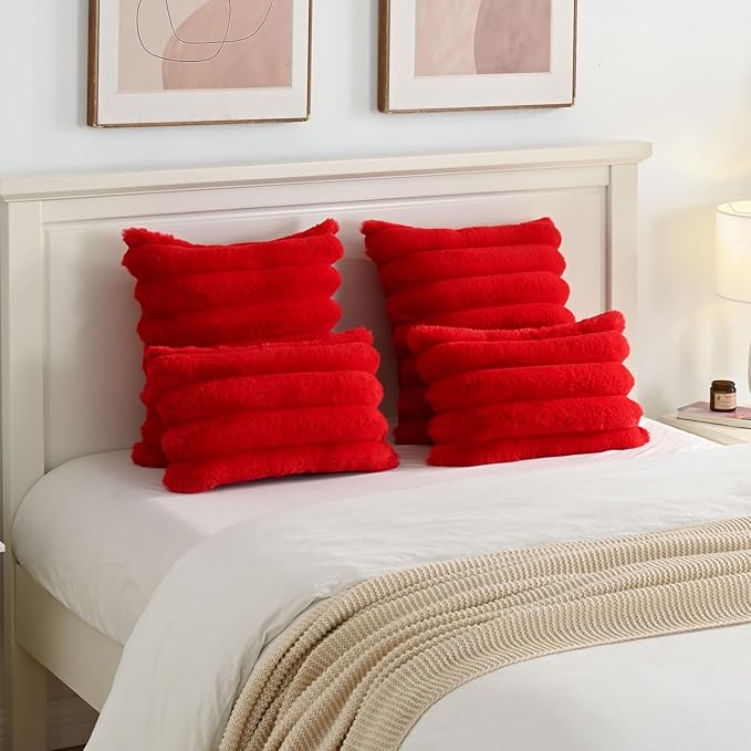FUTEI Red Decorative Throw Pillow Covers 26x26 Inch Set of 2, Square Soft Faux Rabbit Fur Big Striped Pillow Sham,Home Decor for Couch Sofa Bed Living Room