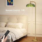 Glass Floor Lamp for Living Room,Bedroom,Gold Mid Century Modern Standing Lamp with Remote Dimmable,Boho Brass Tall Lamp Vintage Retro Green Arc Floor Lamps Flower Floor Light Bohemian