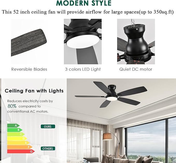 52inch Flush Mount Ceiling Fans with Lights and Remote Control/APP Control, DC Reversible Motor, Noiseless, Dimmable, Low Profile Black Ceiling Fan for Bedroom Indoor/Outdoor Use