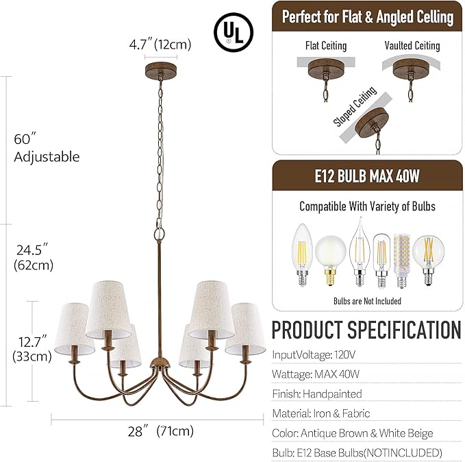 Chandelier, Retro Antique Brown with White Beige Fabric Shade, 6-Light 28" Country Rustic Farmhouse Linear Pendant Lighting Fixture for Kitchen Island Dining Living Room Bedroom