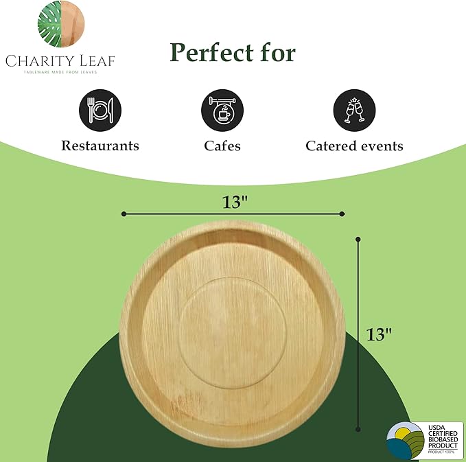 Charity Leaf Disposable Palm Leaf 13" Deep Round Trays (100 pieces) Bamboo Like Serving Platters, Disposable Boards, Eco-Friendly Dinnerware For Weddings, Catering, Events