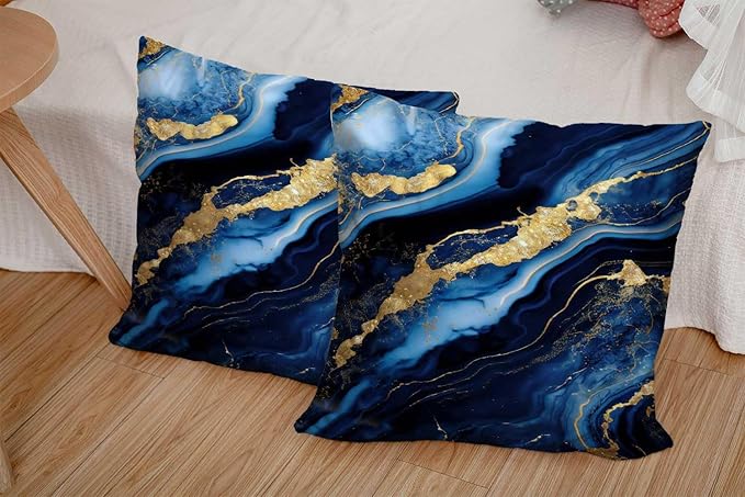 CAPSCEOLL Blue Gold Throw Pillow Covers,Modern Abstract Art Painting Throw Pillows for Couch,Blue Pillow Covers 18X18 Inch 2 Pcs Square Cushion Cover Gift for Couch Sofa