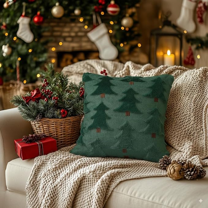 GEEORY Christmas Pillow Covers 22x22 Inch Set of 2, Christmas Decorations Xmas Tree Soft Plush Fluffy Faux Fur Decorative Throw Pillows Farmhouse Winter Cushion Case Green Brown GC033-22
