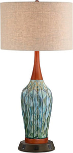 360 Lighting Rocco Mid Century Modern Table Lamp with USB and AC Power Outlet Workstation Charging Base Handmade 30" Tall Blue Ceramic Tan Drum Shade for Living Room Bedroom (Color May Vary)