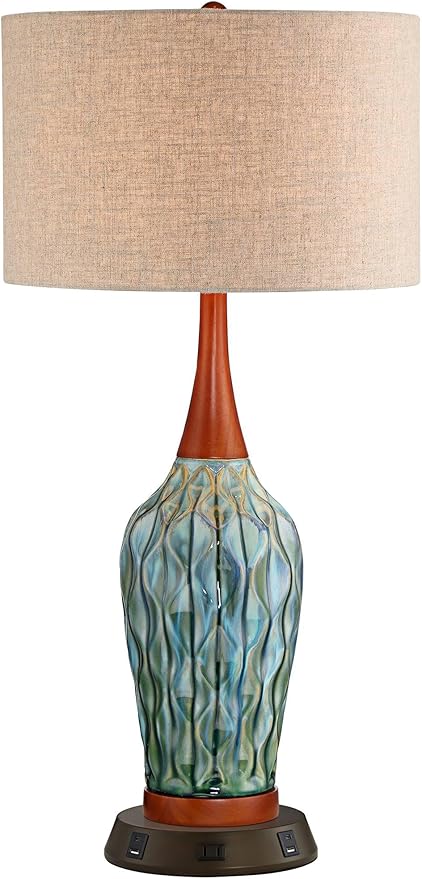 360 Lighting Rocco Mid Century Modern Table Lamp with USB and AC Power Outlet Workstation Charging Base Handmade 30" Tall Blue Ceramic Tan Drum Shade for Living Room Bedroom (Color May Vary)