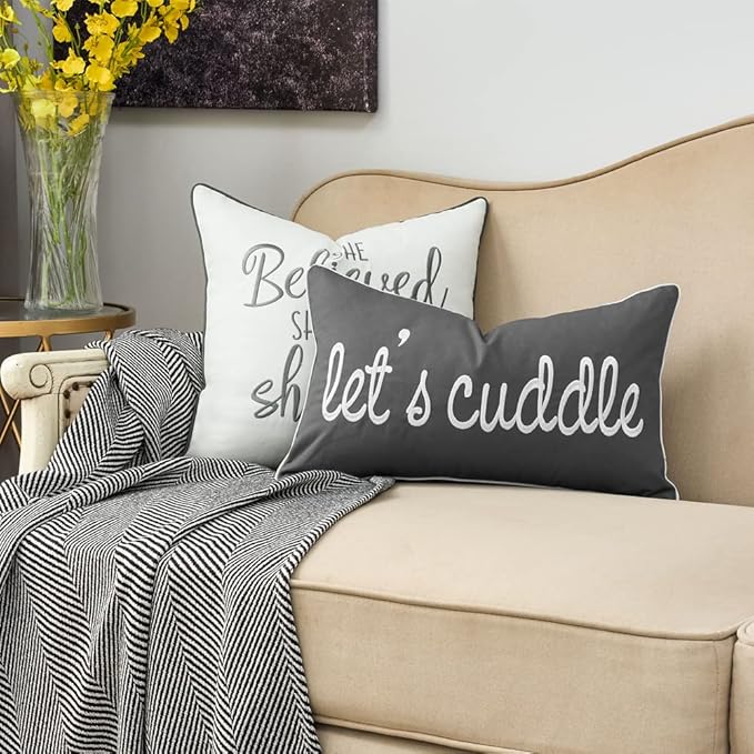 Sunkifover Dark Gray Decorative Lumbar Pillow Covers 12x20 Inches, Soft Solid Rectangular Pillowcase, Embroidered Rectangle Cushion Covers with Let's Cuddle Saying for Bed, Bedroom (Color Grey)