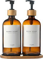 Maisonovo Glass Soap Dispenser Bathroom Set | Hand Soap and Dish Soap Dispenser Set | 16.9oz Amber Bottles with Black Bamboo Pump | Bathroom Lotion Dispenser with Pump Set of 2