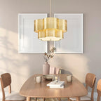 Shrine Lighting Chandeliers, Modern Design, Perfect Drum Pendant Light for Dining Room, D17.3'' × H9.4'', Adjustable 35'', 4 x E12 Sockets, Two Cloth Gold Lampshades & Gold Frame Finish