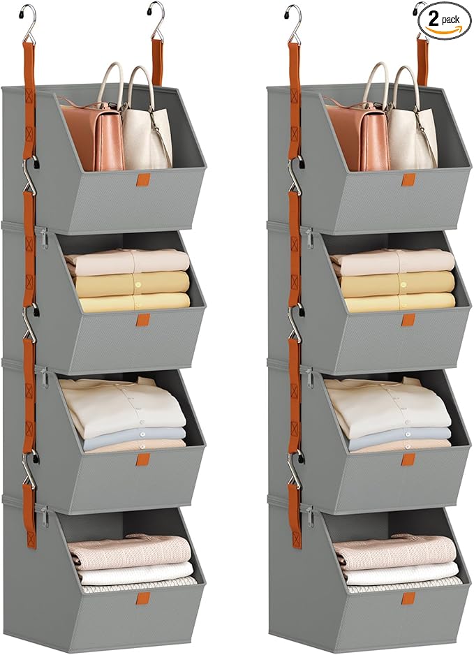 Hanging Closet Organizer 4 Tier - Clothes Hanging Shelves, Space-Saving Closet System, Fabric Storage Bins Bedroom Organization, Collapsible Baskets for Home, Dorm, Rv, Grey, 2 Pack