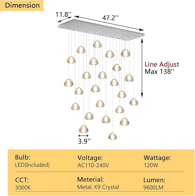 24-Lights Modern Rectangular Crystal Chandelier LED Raindrop Ceiling Pendant Light Crystal Lighting Fixture for Living Room Hotel Staircase Hallway Foyer Entryway Bedroom Silver