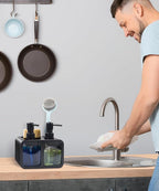 Kitchen Hand Soap and Dish Soap Dispenser Set, Dual Soap Dispenser with Sponge Caddy and Brush Holder 4-in-1 Organizer for Kitchen Sink Countertop, Useful Kitchen Gadgets - Black