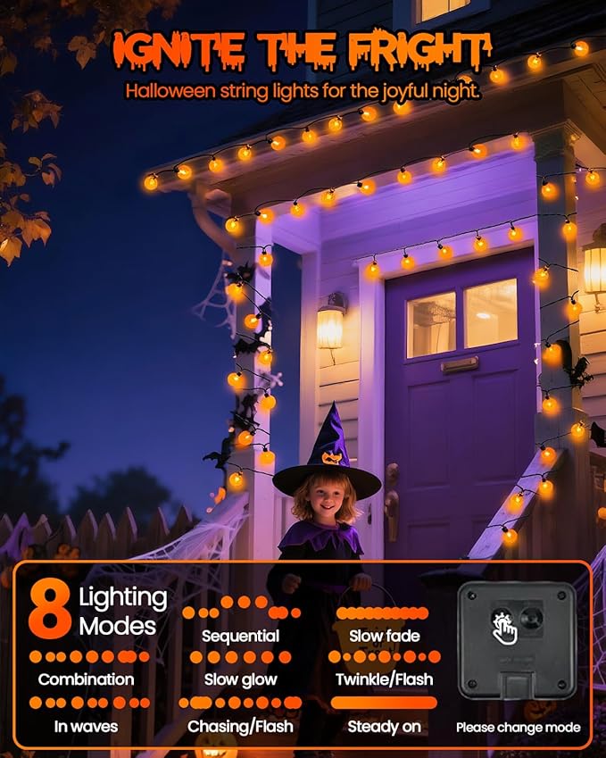 LORRYTE 2-Pack 100 LED Orange Solar Halloween Lights Outdoor - 64FT Waterproof Solar Globe String Lights with 8 Lighting Modes, Solar Outdoor Halloween Decorations for Tree Garden Patio Party