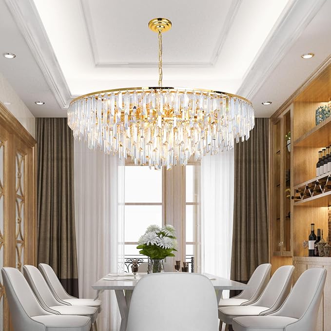 Gold Crystal Chandelier for Dining Room, 40" Modern Round Luxury Chandeliers 7-Tier 17 Lights Large Adjustable Height Ceiling Hanging Pendant Light Fixture for Living Room Bedroom Foyer