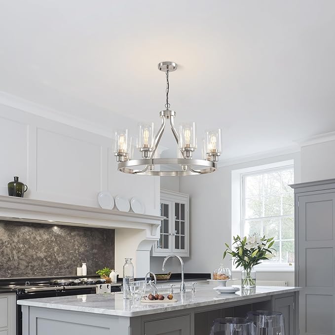 8-Light Modern Chandeliers for Dining Room Light Fixture Brushed Nickel Kitchen Chandelier Ceiling Hanging Pendant Lighting with Glass Shade for Living Room Entryway Adjustable Height E26