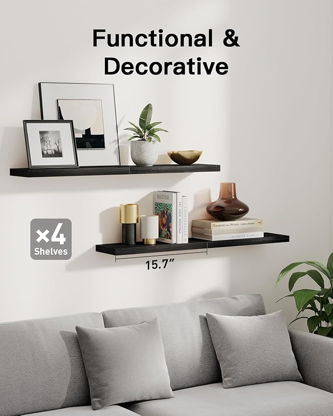 AMADA HOMEFURNISHING Floating Shelves, Paulownia Wood Wall Shelves for Bathroom/Living Room/Bedroom/Kitchen/Home Office, Natural Wood Floating Shelf for Home Storage & Organization, Set of 4, AMFS40B
