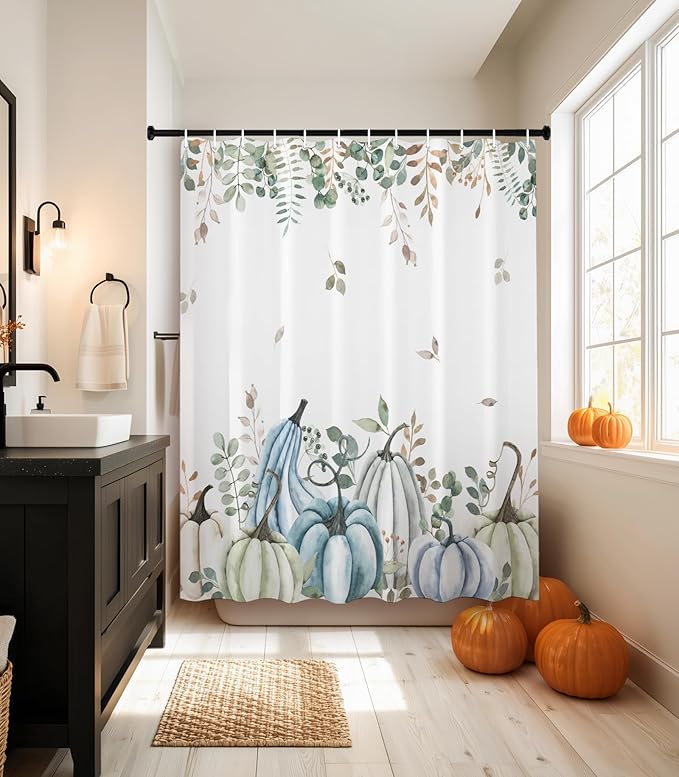MAMUSE Fall Shower Curtain for Bathroom Stall Cute Decorative Waterproof Unique Design TeenWomen Cortinas de Baño Bathtub 72 x72 Inch, Blue Pumpkins