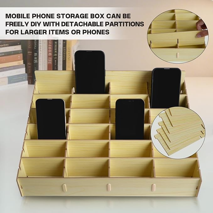 HengTianMei 48 Grid Wooden Desktop Storage Box Mobile Phone Management Storage Box Creative Desktop Office Meeting Finishing Grid Multi Cell Phone Rack Display