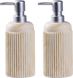 2Pcs Beige Natural Travertine Textures Hand Soap Dispenser Set, Small Bathroom Countertop Resin Liquid Soap Dispensers, Kitchen Dish Wash Soap Dispensers,Refillable Dispenser with Vertical Stripe