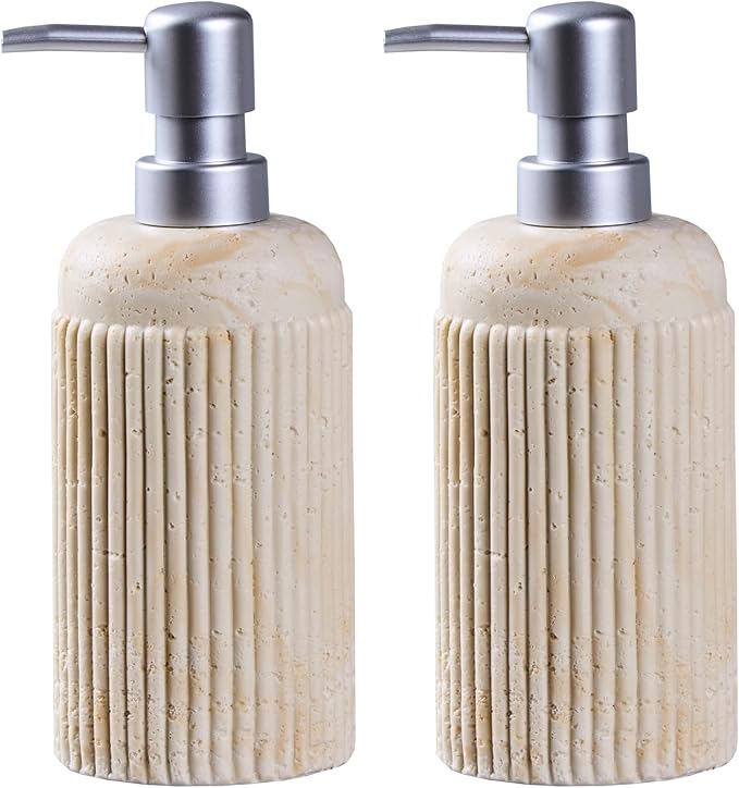 2Pcs Beige Natural Travertine Textures Hand Soap Dispenser Set, Small Bathroom Countertop Resin Liquid Soap Dispensers, Kitchen Dish Wash Soap Dispensers,Refillable Dispenser with Vertical Stripe