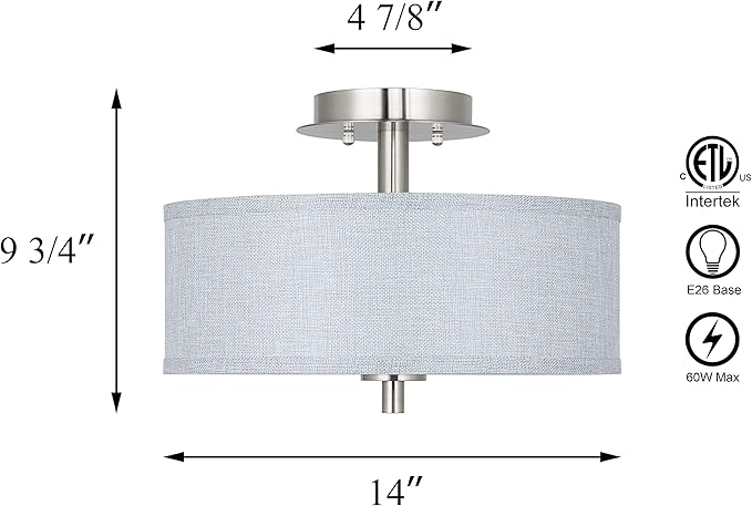 XiNBEi Lighting Semi Flush Mount Ceiling Light, 14" Drum Light Fixture with Grey Fabric Shade, 3-Light Brushed Nickel Ceiling Lamp for Bedroom Living Room Kitchen Hallway