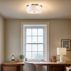 Kira Home Walker 15" Mid-Century Modern 3-Light Flush Mount Ceiling Light, White Fabric Shade + Round Glass Diffuser, Brushed Nickel Finish