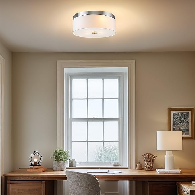 Kira Home Walker 15" Mid-Century Modern 3-Light Flush Mount Ceiling Light, White Fabric Shade + Round Glass Diffuser, Brushed Nickel Finish