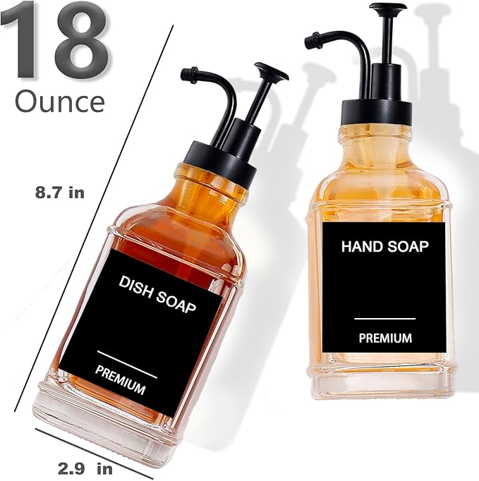 Dish Soap Dispenser for Kitchen, Hand Glass Soap Dispenser Set with Pump, Funnel for Bathroom, Shower, Laundry, Liquid, Lotion (Black 2 Pack 18 Oz Clear Bottles with 12 Stickers)