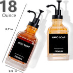 Dish Soap Dispenser for Kitchen, Hand Glass Soap Dispenser Set with Pump, Funnel for Bathroom, Shower, Laundry, Liquid, Lotion (Black 2 Pack 18 Oz Clear Bottles with 12 Stickers)