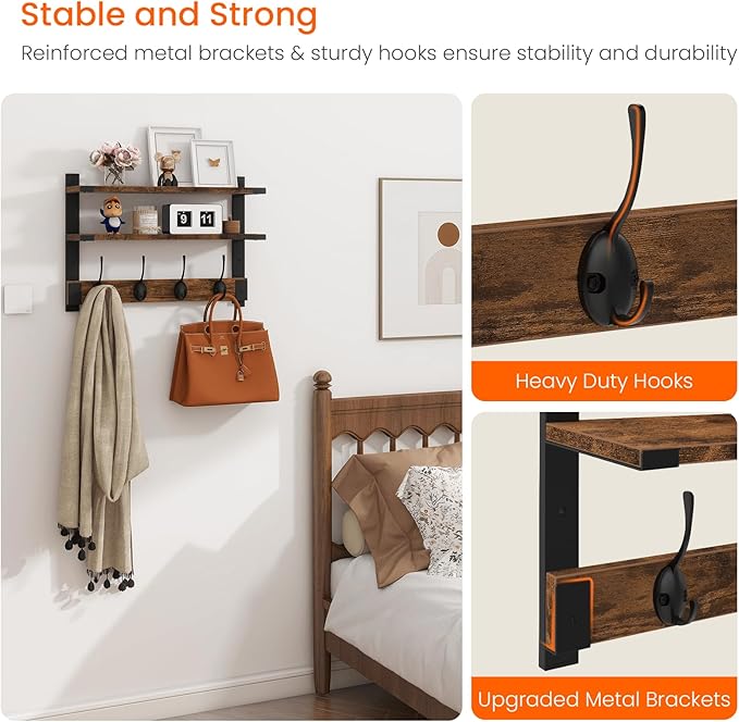 Homode Two-Tier Wall Shelf with Hooks, 17 Inch Coat Rack Wall Mount with Shelf, Wood Coat Hanger Entryway Hanging Storage Shelves with 4 Double Hooks for Bathroom Bedroom Living Room, Rustic Brown