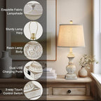 Farmhouse 3 Way Dimmable Touch Table Lamps for Living Room Set of 2 Traditional Rustic Bedside Lamps for Bedroom Nightstand 23.5" Vintage Carved Floral Night Light Lamps with USB Ports Bulb Included