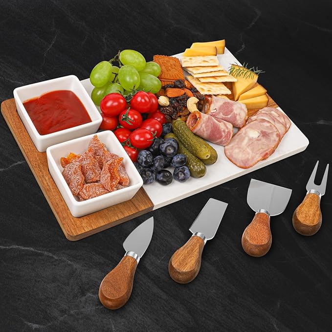 Marble Charcuterie Board, Charcuterie Boards, Cheese Boards, 13" Wood - Marble Cheese Board Set for House Warming Gifts New Home, Couples 2025, Bridal Shower, Hostess Gifts for Couple
