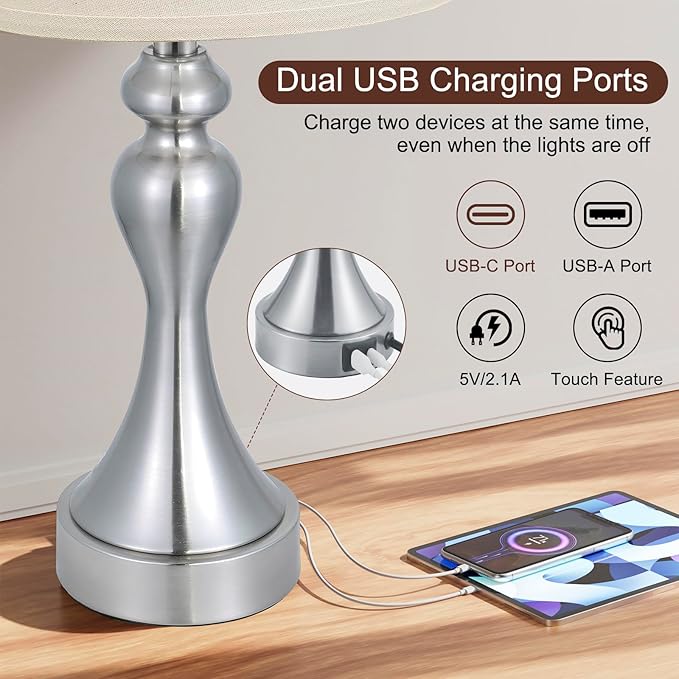 Seealle Touch Lamps for Night Stands - Bedside Lamps Set of 2, 3 Way Dimmable, USB C+A for Bedroom & End Tables (Oat&Nickel)
