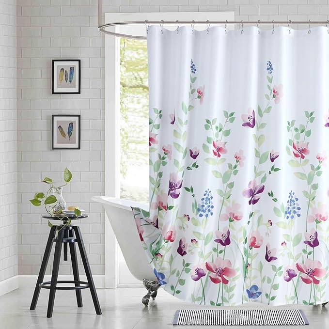 Watercolor Floral Shower Curtain, Green Pink Purple Blue Flower Shower Curtains for Bathroom, Modern White Waterproof Fabric Bath Curtains, 72" W x 72" H