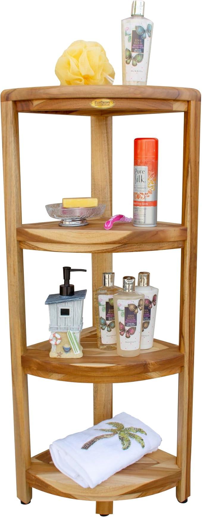 EcoDecors Corner Snazzy Corner Four Tier Natural Color Shelf Waterproof Teak Wood Shower Bench Stool Seat Chair For Inside Shower Provides Safety, Storage, and Organization For Bathroom Accessories