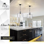 Extra Large 16" Vintage Farmhouse Pendant Light – Hand-Blown Clear Hammered Glass Shade, Adjustable Chain, Hanging Light for Kitchen Island, Dining Room, Hallway, Black Finish