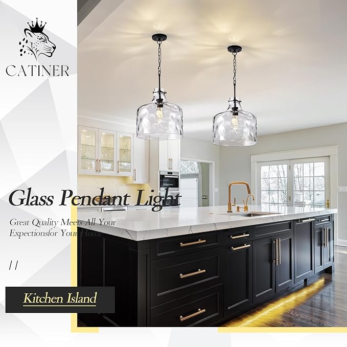 Extra Large 16" Vintage Farmhouse Pendant Light – Hand-Blown Clear Hammered Glass Shade, Adjustable Chain, Hanging Light for Kitchen Island, Dining Room, Hallway, Black Finish