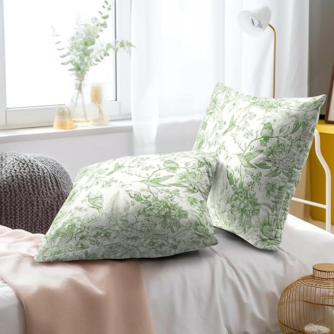 Vintage Floral Throw Pillow Covers 16x16 Inch, Set of 2 Green Flowers Birds French Country Decorative Pillow Cases Cotton Square Cushion Cover for Bed Sofa Farmhouse Home Decor