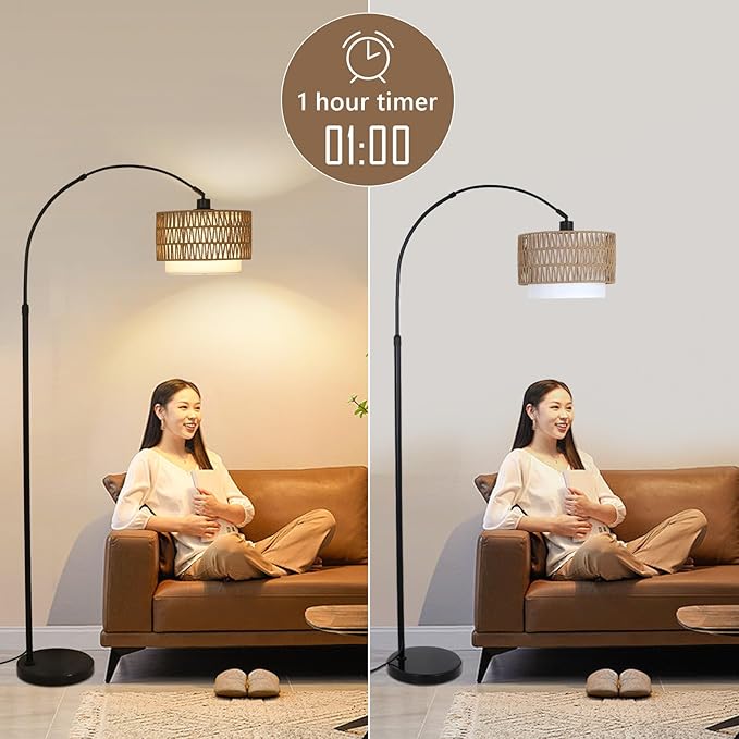 Arc Floor Lamp with Remote, Modern LED Floor Lamp with Dimmable Bulb, Boho Farmhouse Standing lamp with Fabric & Rattan Lampshades, Height Adjustable Black Tall Lamp for Living Room Bedroom