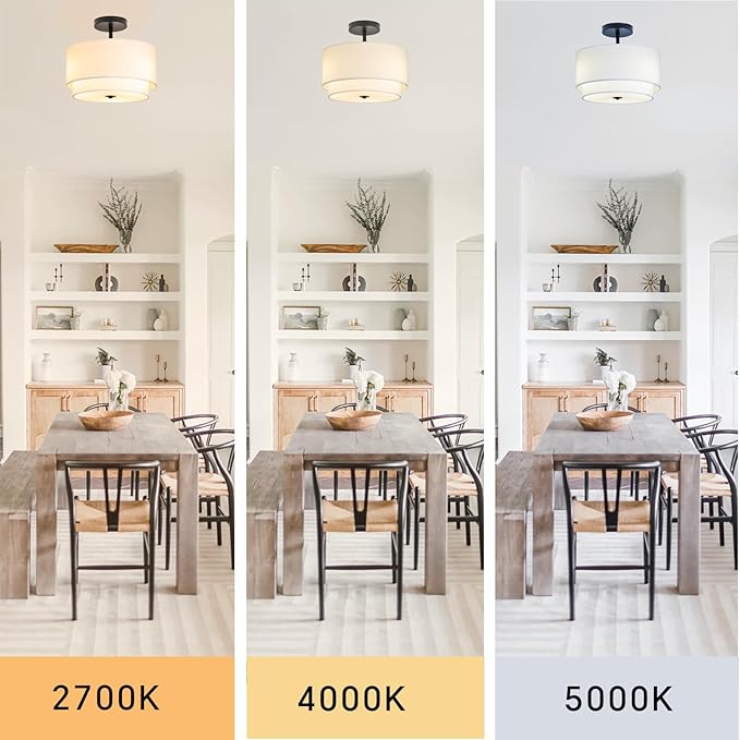 3-Light Semi Flush Mount Ceiling Light Fixture,12.6inch Modern Close to Ceiling Light with 2-Layer White Drum Fabric Shade,Entryway Light Fixture Ceiling Mount Lamps for Bedroom Dining Room