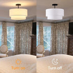 3-Light Semi Flush Mount Ceiling Light Fixture, 16 inch Drum Light Fixture with 2-Layer White Drum Fabric Shade, Entryway Ceiling Light Fixtures for Bedroom Dining Room