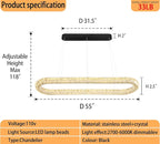 Oval Crystal Chandelier, 55'' Black Crystal Ring Pendant Light for Kitchen Island Modern Linear Oval Chandeliers for Dining Room Dimmable 3000K-6000K