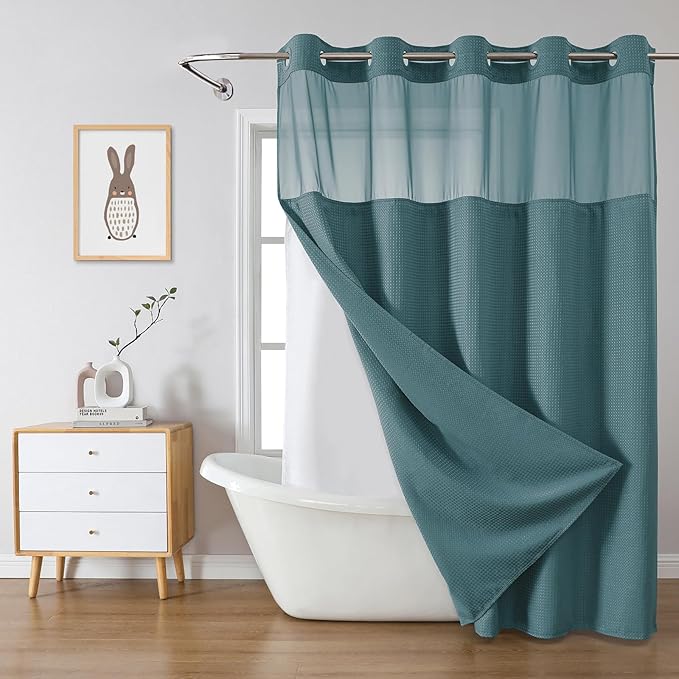 SeawedGreen No Hook Waffle Weave Shower Curtain with snap-in Liner Replacement, 230GSM Waterproof Fabric Hotel Shower Curtain Set for Bathroom, Through Mesh Top Window,71Wx77H