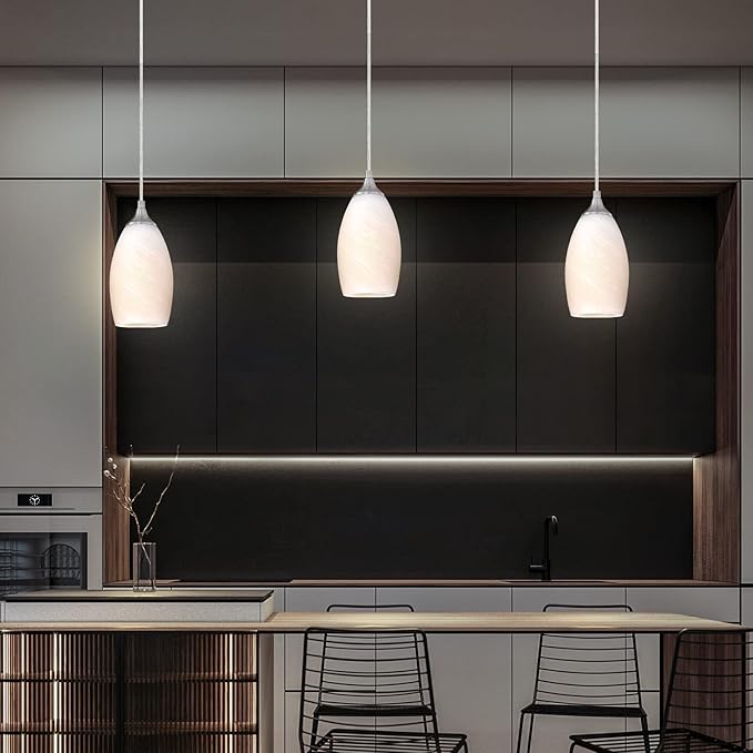 3 Pack 1 Light Indoor Mini Hanging Kitchen Island Pendant Lamps 4.75" Handcrafted Frosted Glass Chandelier Shade Brushed Nickel Finish Bar Dining Room Over Sink
