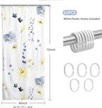QiyI Small Stall Shower Curtain 36 x 72, Narrow Half Watercolor Floral Bath Curtain, 3D Embossed Blue Yellow Flower Cloth Bathroom Curtain, Waterproof Fabric White Shower Curtain Set with Hooks