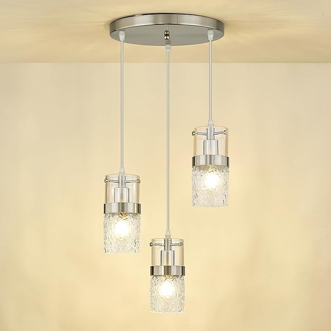 LMS 3-Light Brushed Nickel Cluster Pendant Light, Modern Dining Room Light Fixture with Hammered Glass, Hanging Chandelier Lighting for Dining Room, Kitchen Island, Bedroom, LMS-198