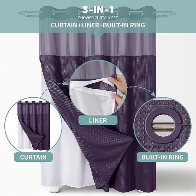 Purple No Hook Waffle Weave Shower Curtain with snap-in Liner Replacement, 230GSM Waterproof Fabric Hotel Shower Curtain Set for Bathroom, Through Mesh Top Window,71Wx74H
