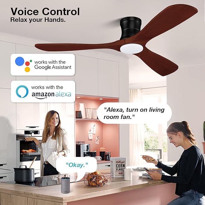 52” Smart Wood Flush Mount Ceiling Fans with Lights Remote,Quiet DC Motor,Outdoor Indoor Low Profile Ceiling Fan,Voice WIFI Alexa App Control,Dimmable,6-speed,for Modern Bedroom Patio