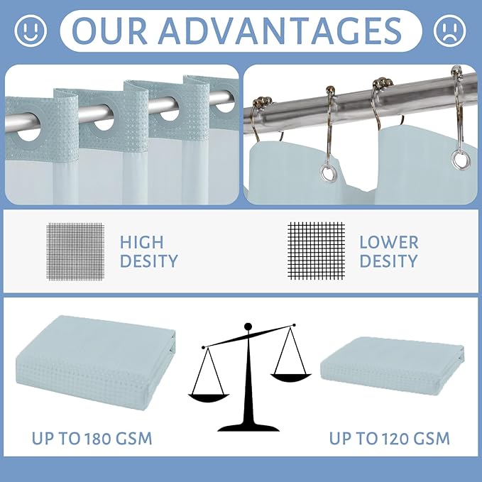 No Hook Needed Shower Curtain 71x75 Inch,Waterproof 180GSM Fabric with Magnetic Weighted Hem and Fog Blue Waffle Weave,Machine Washable Hotel-Grade Bath Curtain with Clear Window.